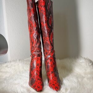 Red Snakeskin Knee-High Boots